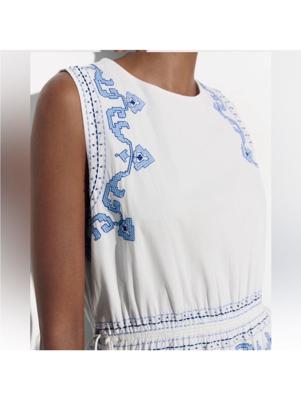 Zara Embroidered Midi Maxi Dress White Blue Cotton Embellished Boho S Small - Picture 7 of 15